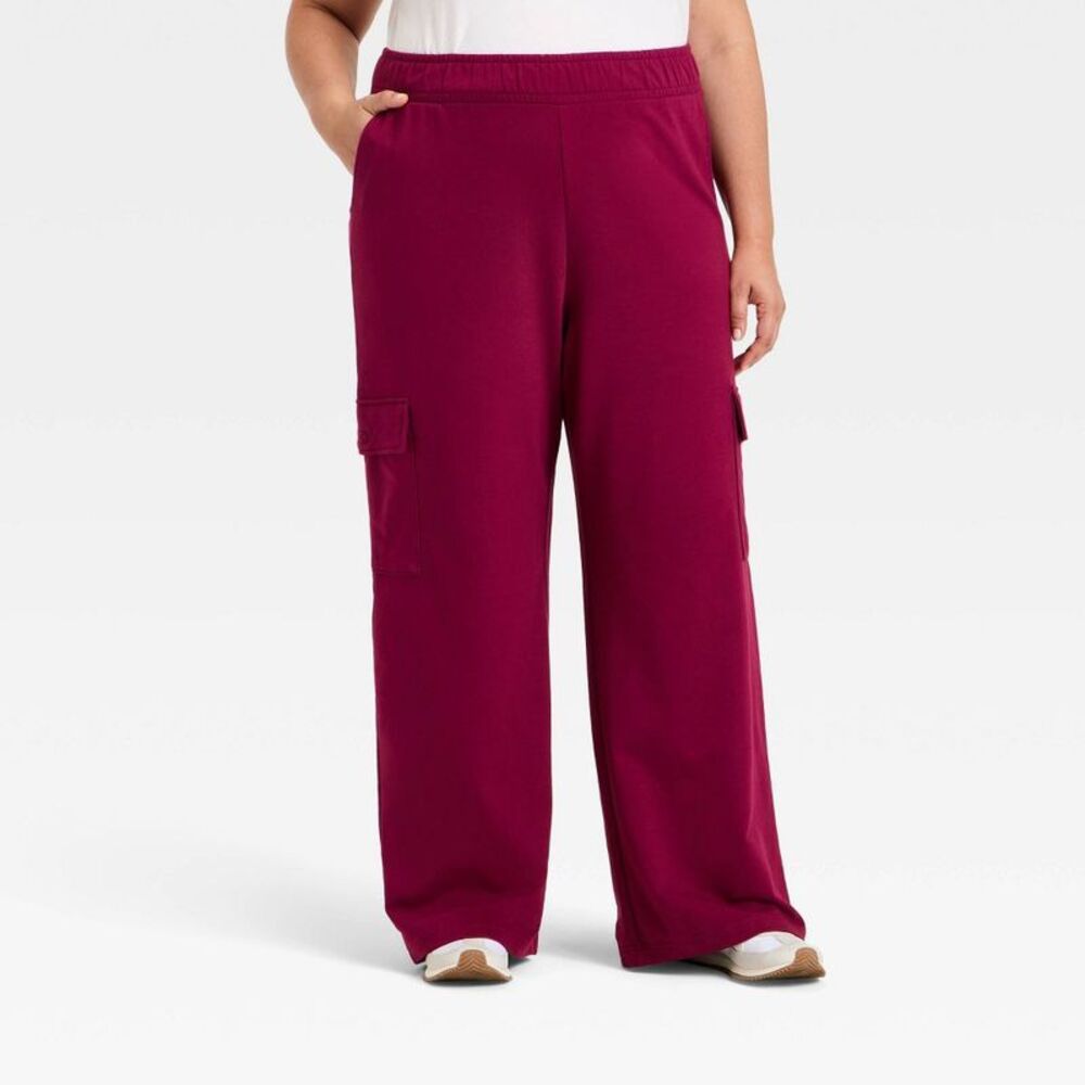 Women's High-Rise French Terry Wide Leg Cargo Pants - Ava & Viv Burgundy 2X
